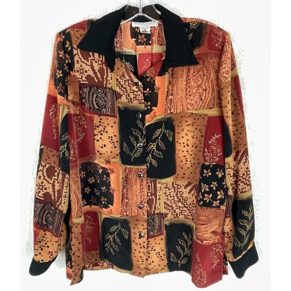 Draper's & Damon's Medium Long Sleeve Button Down Shirt Black Tan Floral Squares - Picture 8 of 8